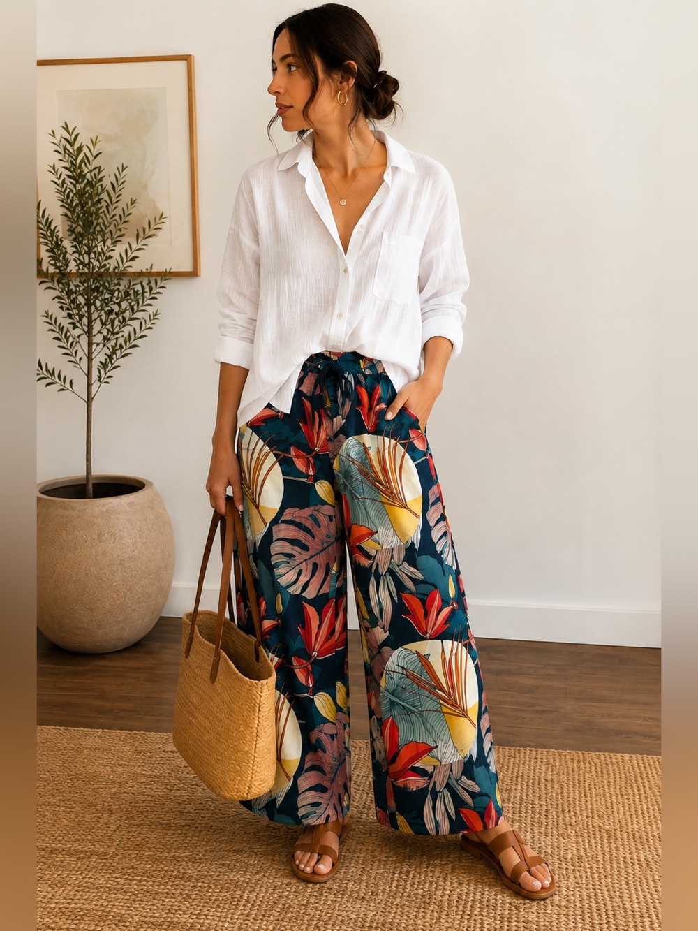 Calia Teal, Pink and Coral Floral Wide-Leg Pants M